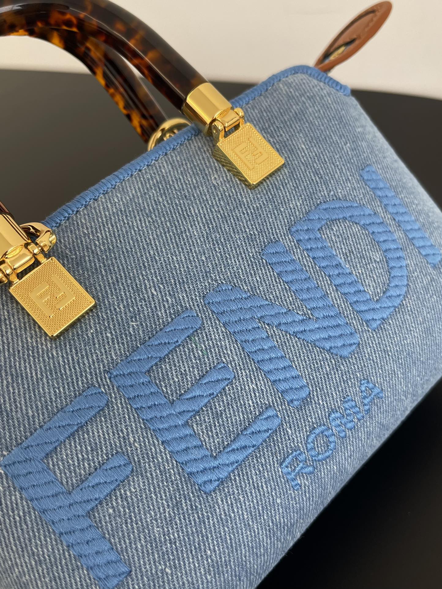 Fendi Mini By The Way Denim Fabric Boston Shoulder Bag Blue